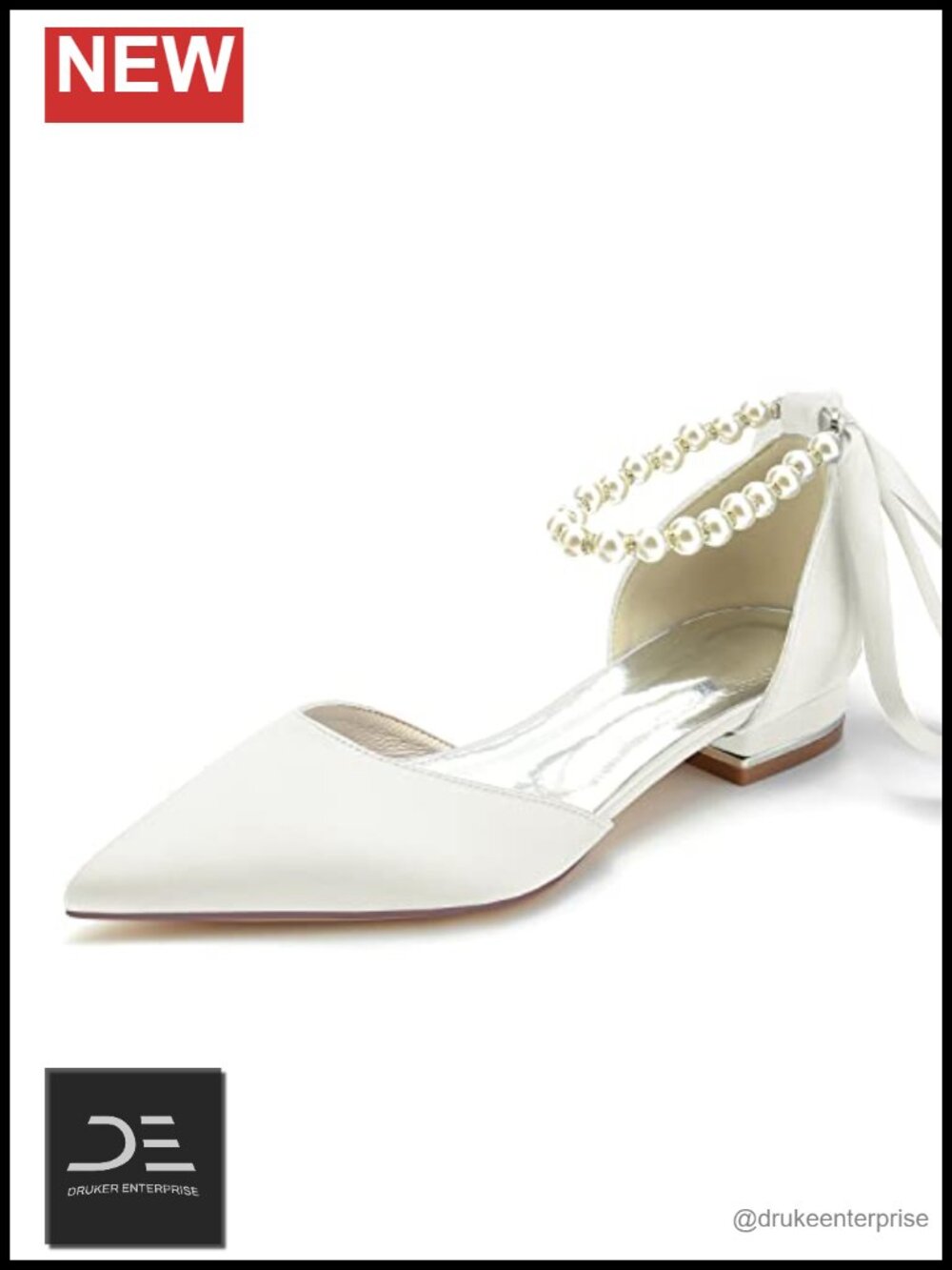 Pointed Toe Satin Pearl Bridal Flats Low Heel Rhinestone Wedding Shoes Women's